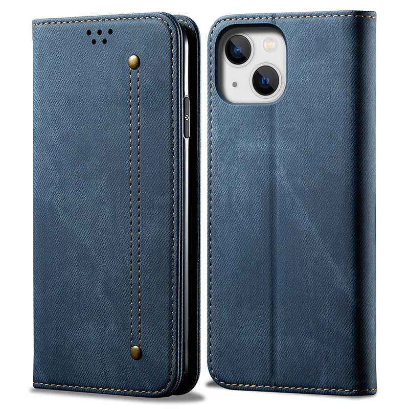 Phone Case for iPhone 15 Wallet Stand Cell Phone Cover PU Leather Jeans Cloth Texture Shell