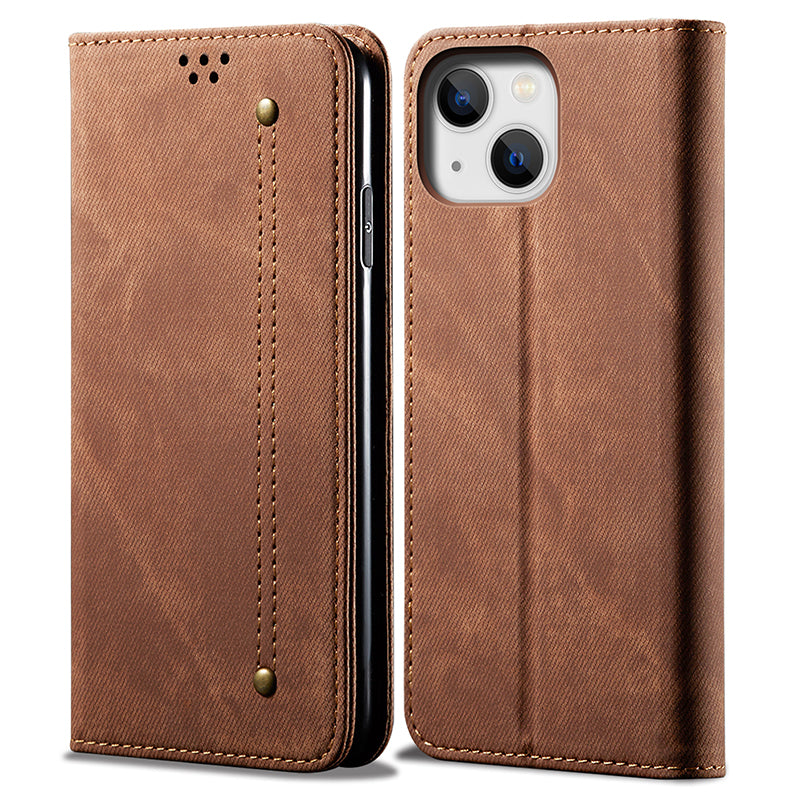 Phone Case for iPhone 15 Wallet Stand Cell Phone Cover PU Leather Jeans Cloth Texture Shell