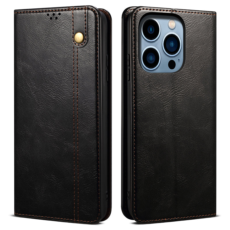 For iPhone 15 Pro PU Leather Mobile Phone Case Waxy Crazy Horse Texture Phone Cover Stand Wallet