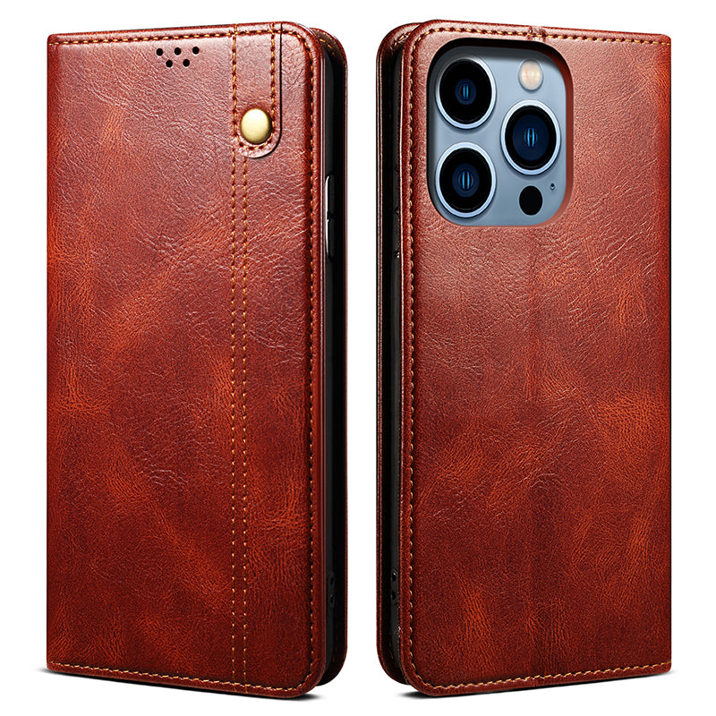 For iPhone 15 Pro PU Leather Mobile Phone Case Waxy Crazy Horse Texture Phone Cover Stand Wallet