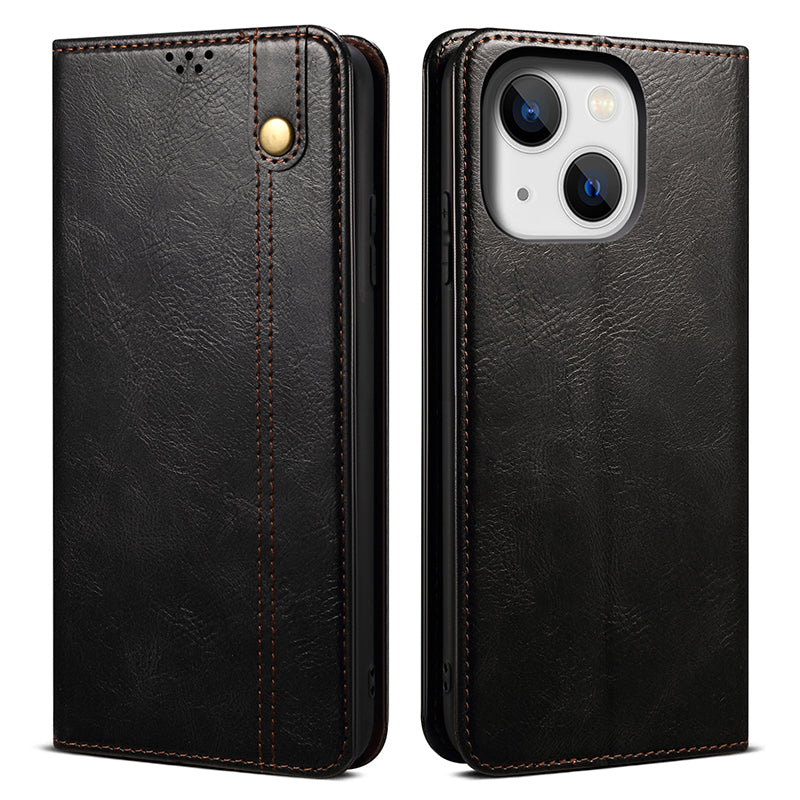 For iPhone 15 Phone Cover Stand Wallet Waxy Crazy Horse Texture PU Leather Cell Phone Shell Case