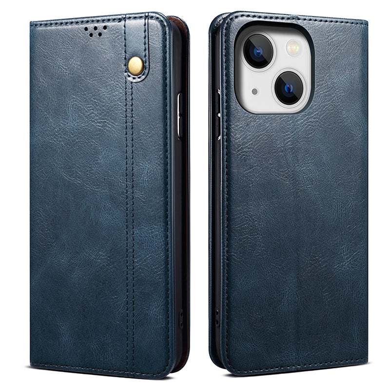 For iPhone 15 Phone Cover Stand Wallet Waxy Crazy Horse Texture PU Leather Cell Phone Shell Case