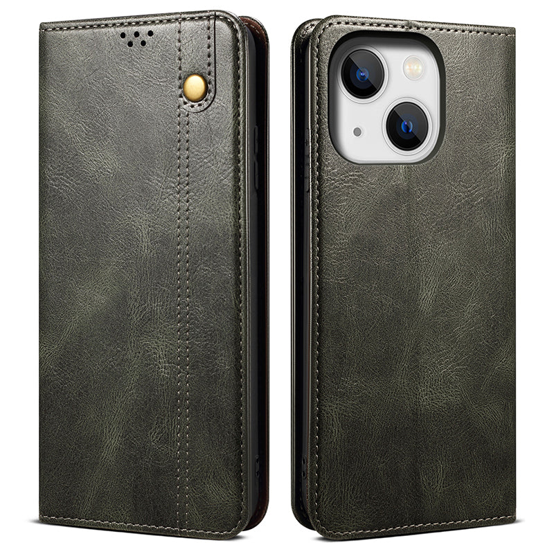 For iPhone 15 Phone Cover Stand Wallet Waxy Crazy Horse Texture PU Leather Cell Phone Shell Case