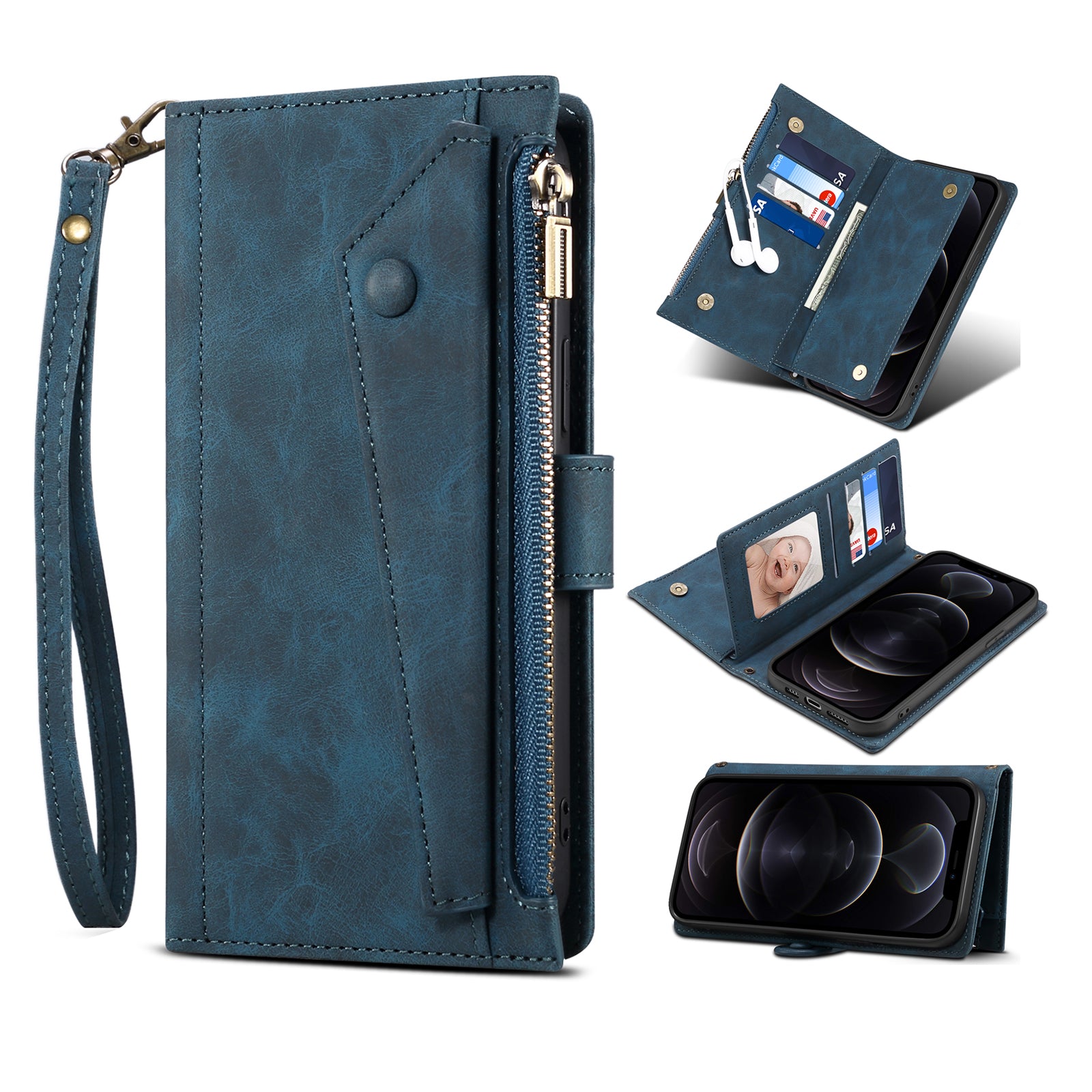 ESEBLE Star Series For iPhone 15 Pro Max Zipper Pocket Leather Phone Case Wallet RFID Blocking Phone Stand Cover