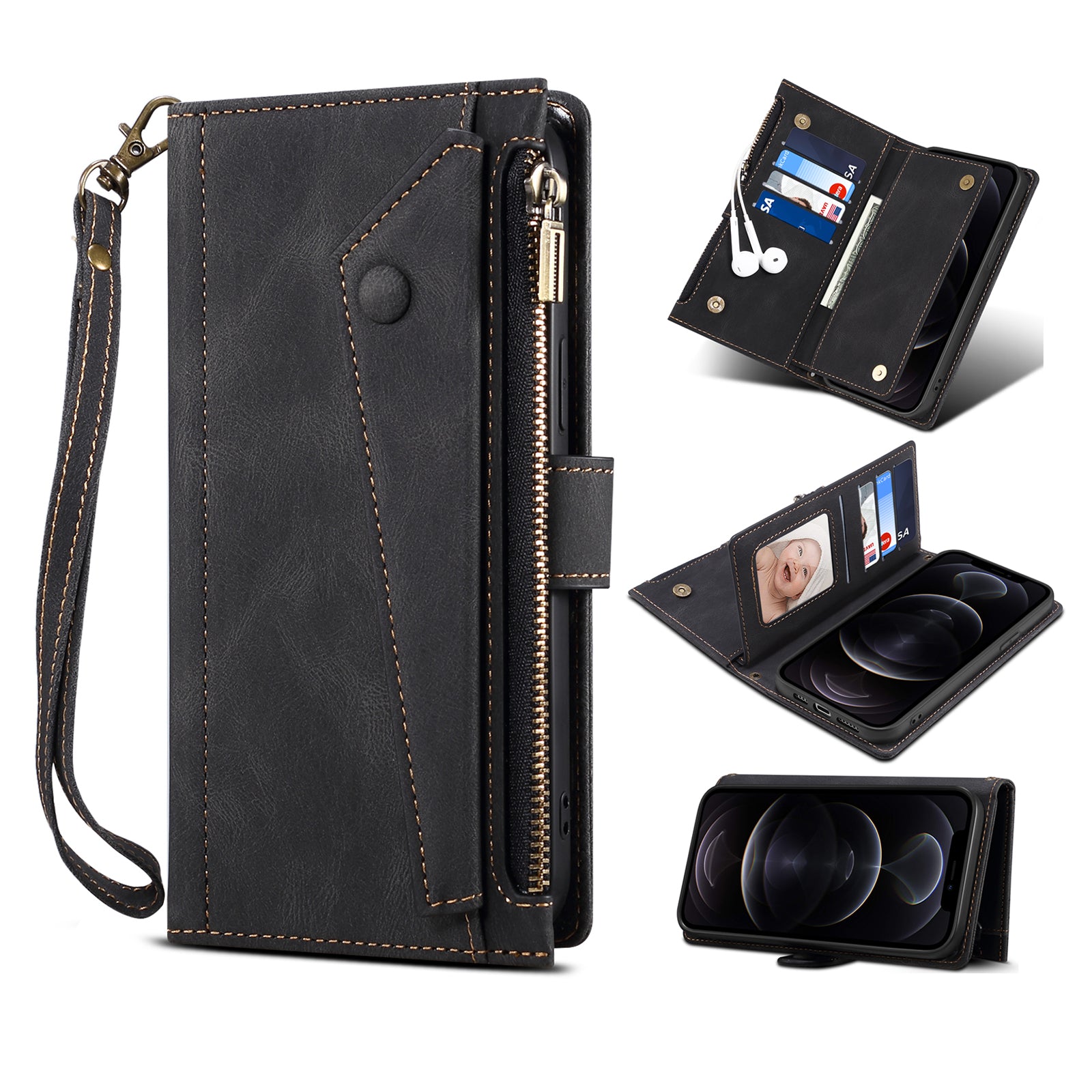 ESEBLE Star Series For iPhone 15 Pro Max Zipper Pocket Leather Phone Case Wallet RFID Blocking Phone Stand Cover