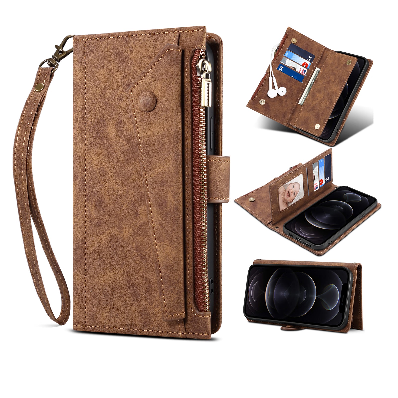 ESEBLE Star Series For iPhone 15 Pro Max Zipper Pocket Leather Phone Case Wallet RFID Blocking Phone Stand Cover