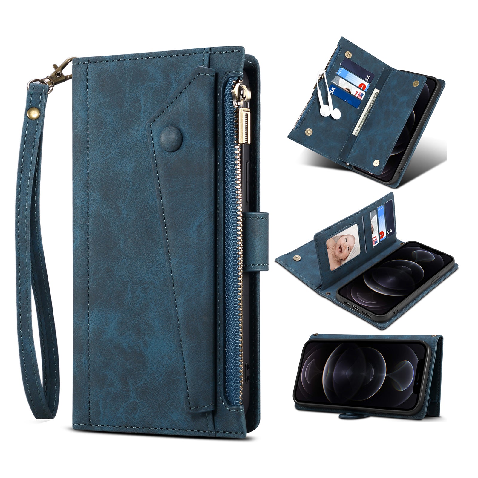 ESEBLE Star Series Leather Phone Case for iPhone 15 Zipper Pocket Wallet RFID Blocking Phone Stand Cover