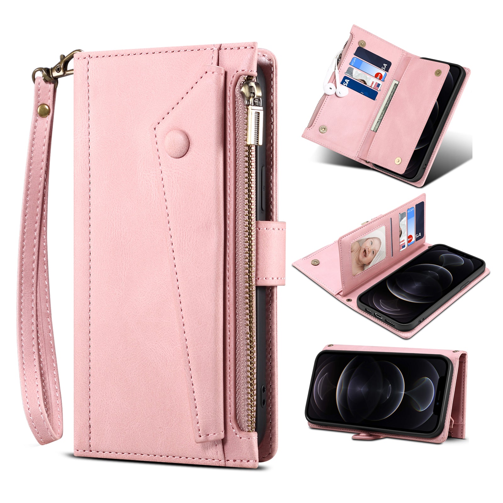 ESEBLE Star Series Leather Phone Case for iPhone 15 Zipper Pocket Wallet RFID Blocking Phone Stand Cover