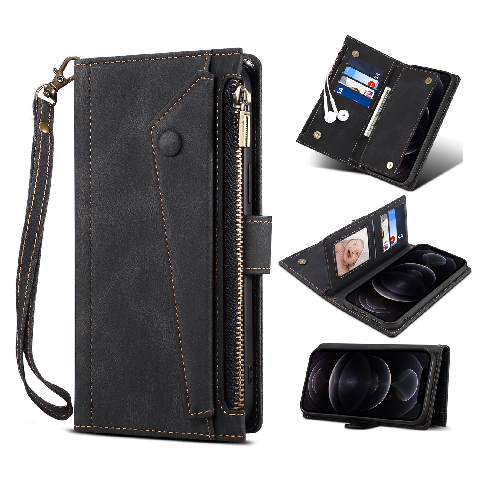 ESEBLE Star Series Leather Phone Case for iPhone 15 Zipper Pocket Wallet RFID Blocking Phone Stand Cover