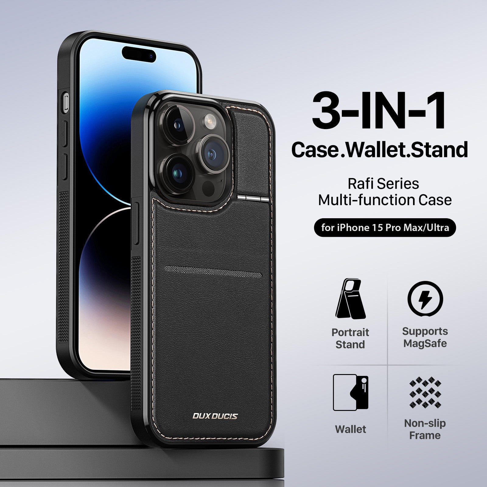 DUX DUCIS Rafi Series For iPhone 15 Pro Max Card Holder Kickstand RFID Blocking Magnetic Cover Leather PC TPU Anti-drop Phone Case