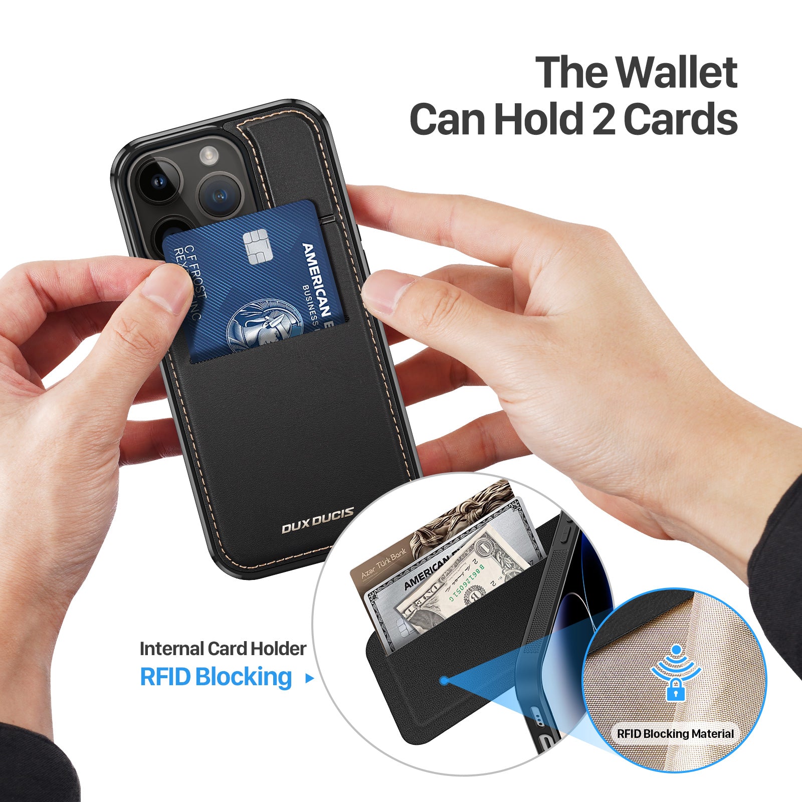 DUX DUCIS Rafi Series For iPhone 15 Pro Max Card Holder Kickstand RFID Blocking Magnetic Cover Leather PC TPU Anti-drop Phone Case