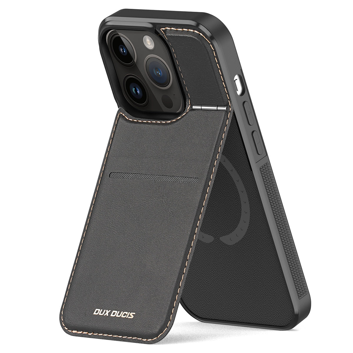 DUX DUCIS Rafi Series For iPhone 15 Pro Card Holder Kickstand RFID Blocking Magnetic Cover Anti-slip Leather PC TPU Phone Case