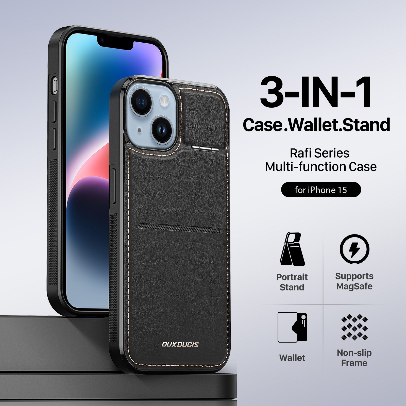 DUX DUCIS Rafi Series Back Shell for iPhone 15 Card Holder Kickstand RFID Blocking Magnetic Cover Leather PC TPU Phone Case