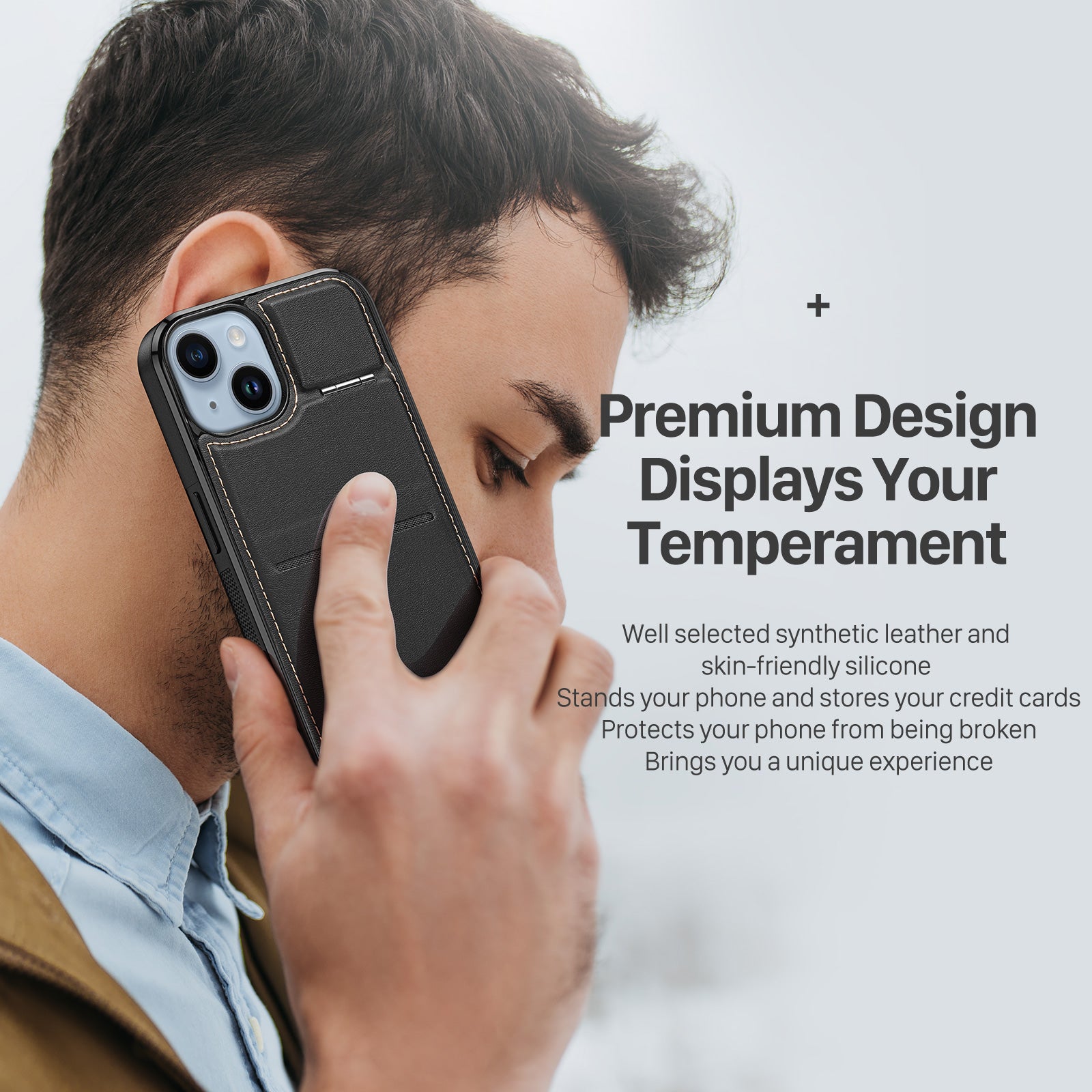 DUX DUCIS Rafi Series Back Shell for iPhone 15 Card Holder Kickstand RFID Blocking Magnetic Cover Leather PC TPU Phone Case