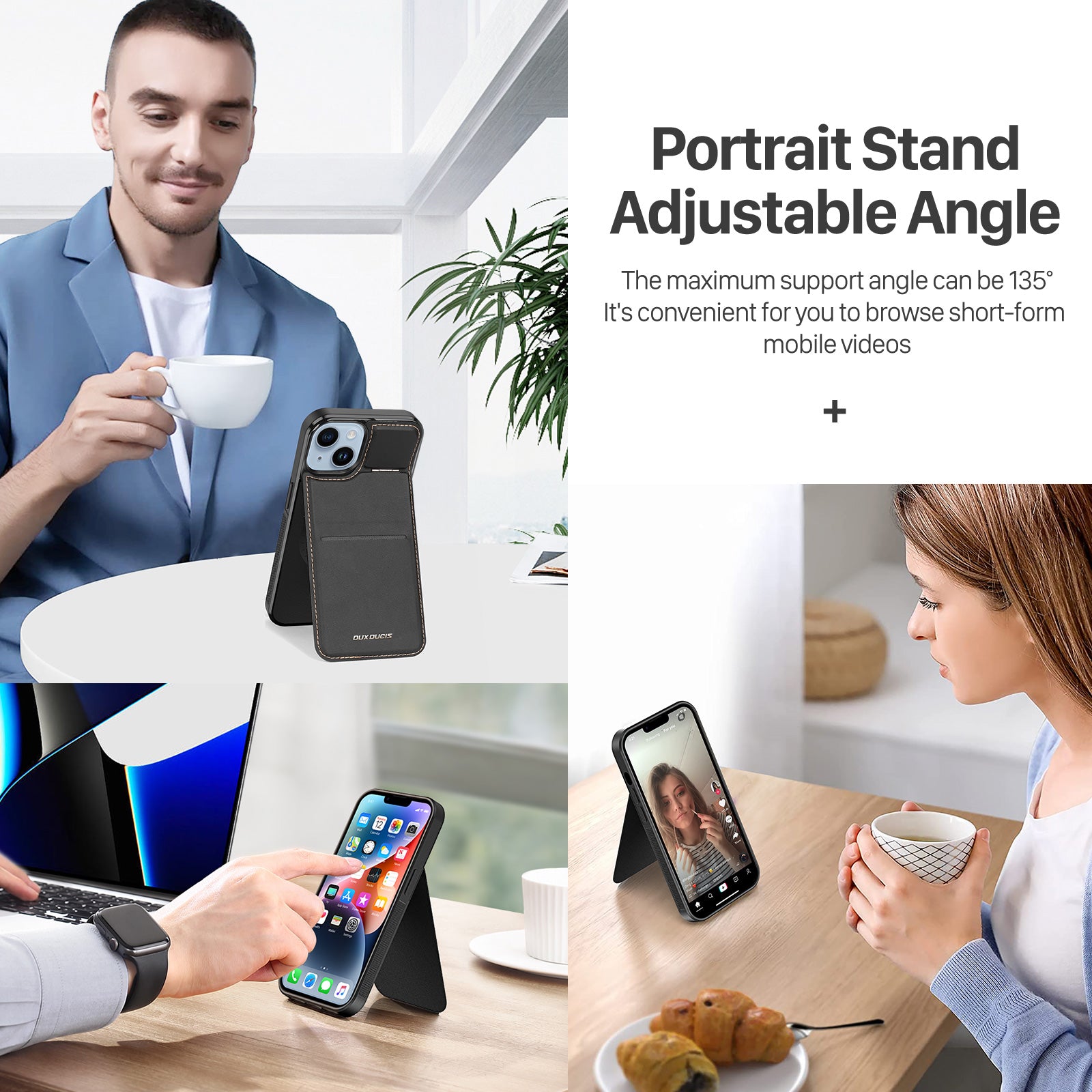 DUX DUCIS Rafi Series Back Shell for iPhone 15 Card Holder Kickstand RFID Blocking Magnetic Cover Leather PC TPU Phone Case