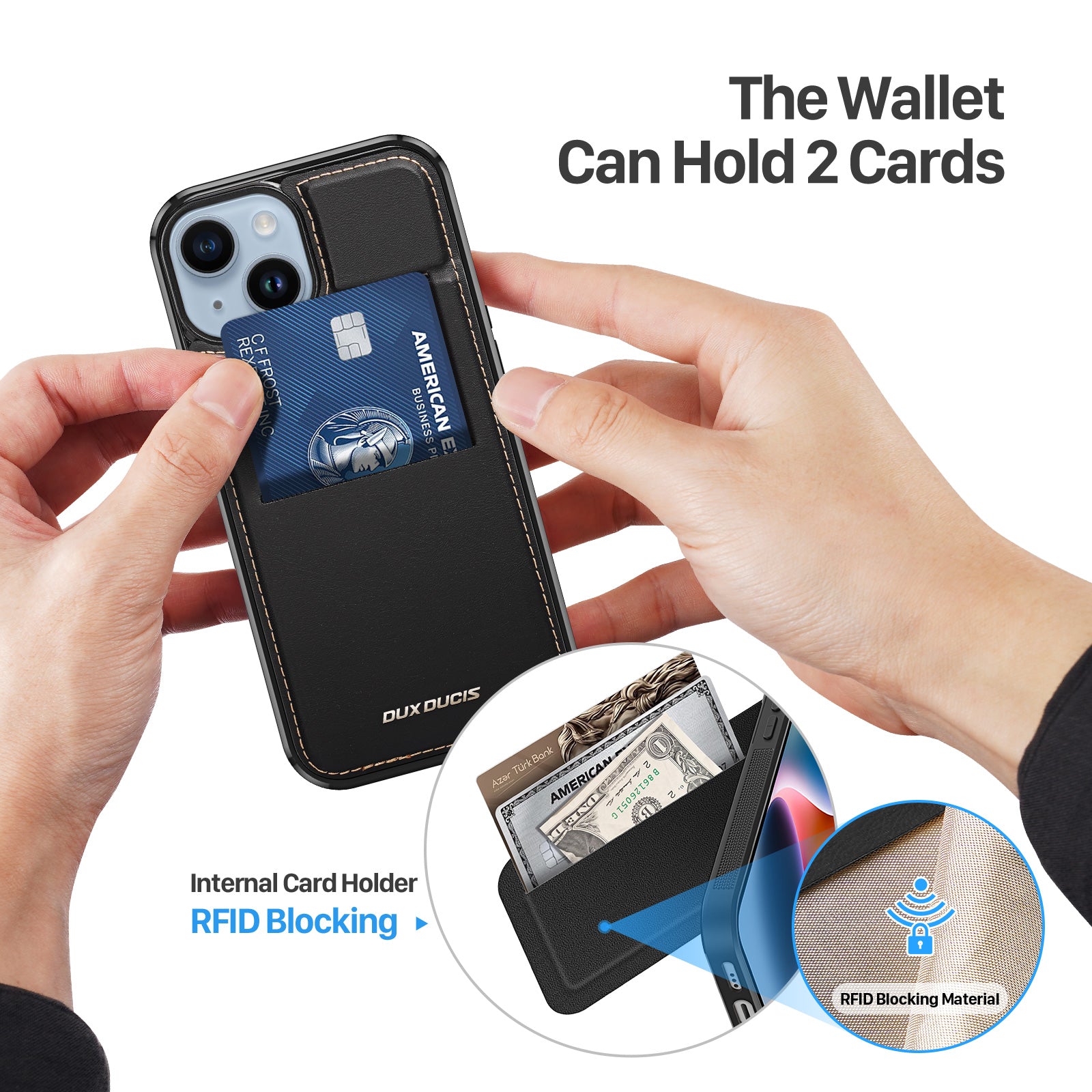 DUX DUCIS Rafi Series Back Shell for iPhone 15 Card Holder Kickstand RFID Blocking Magnetic Cover Leather PC TPU Phone Case