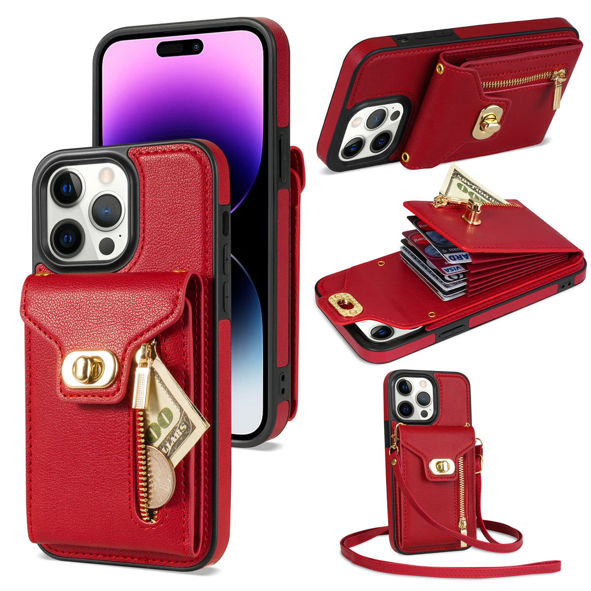 For iPhone 15 Pro Max Zipper Pocket Leather Coated TPU Phone Case Card Holder Kickstand Cover