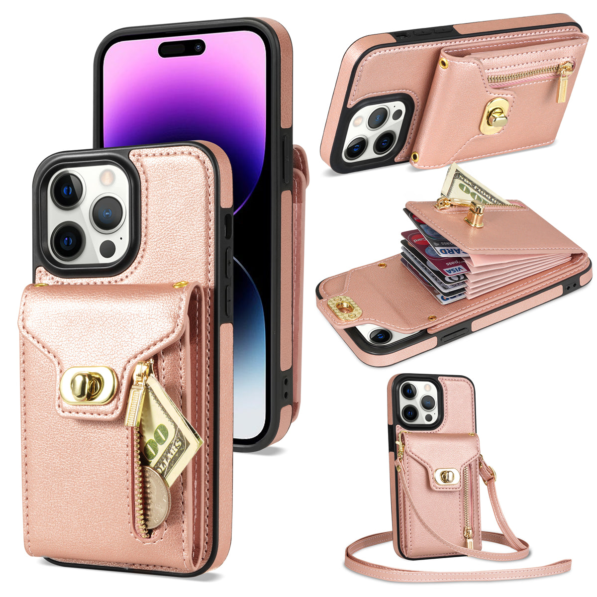 Card Slots Kickstand Phone Cover for iPhone 14 Pro Max Zipper Pocket PU Leather TPU Case