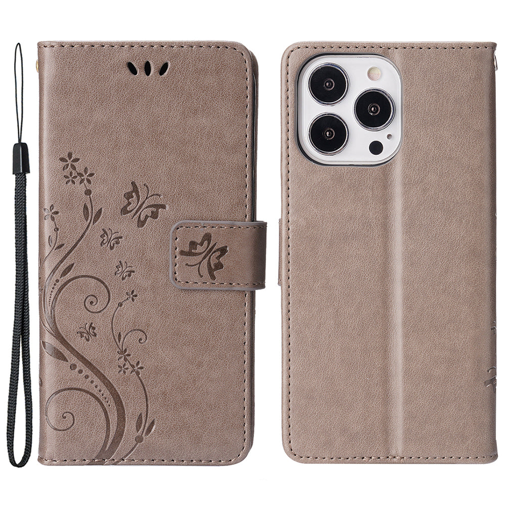 For iPhone 15 Pro Max Cell Phone Case Imprinted Butterflies PU Leather Wallet Cover Stand with Strap