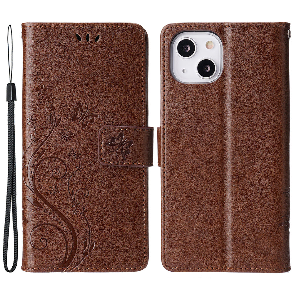 For iPhone 15 Plus PU Leather Wallet Cover Cell Phone Case Imprinted Butterflies Shell Stand with Strap