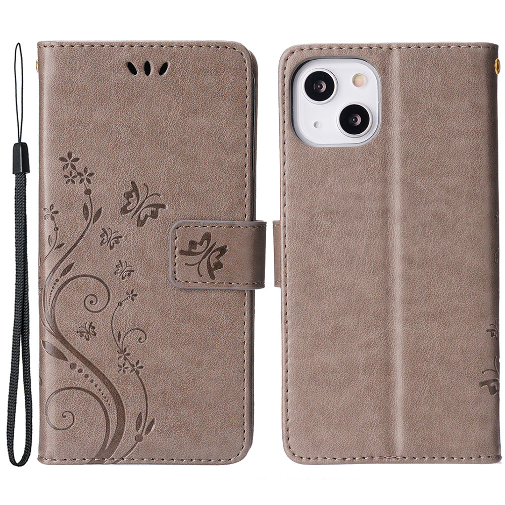 For iPhone 15 Plus PU Leather Wallet Cover Cell Phone Case Imprinted Butterflies Shell Stand with Strap