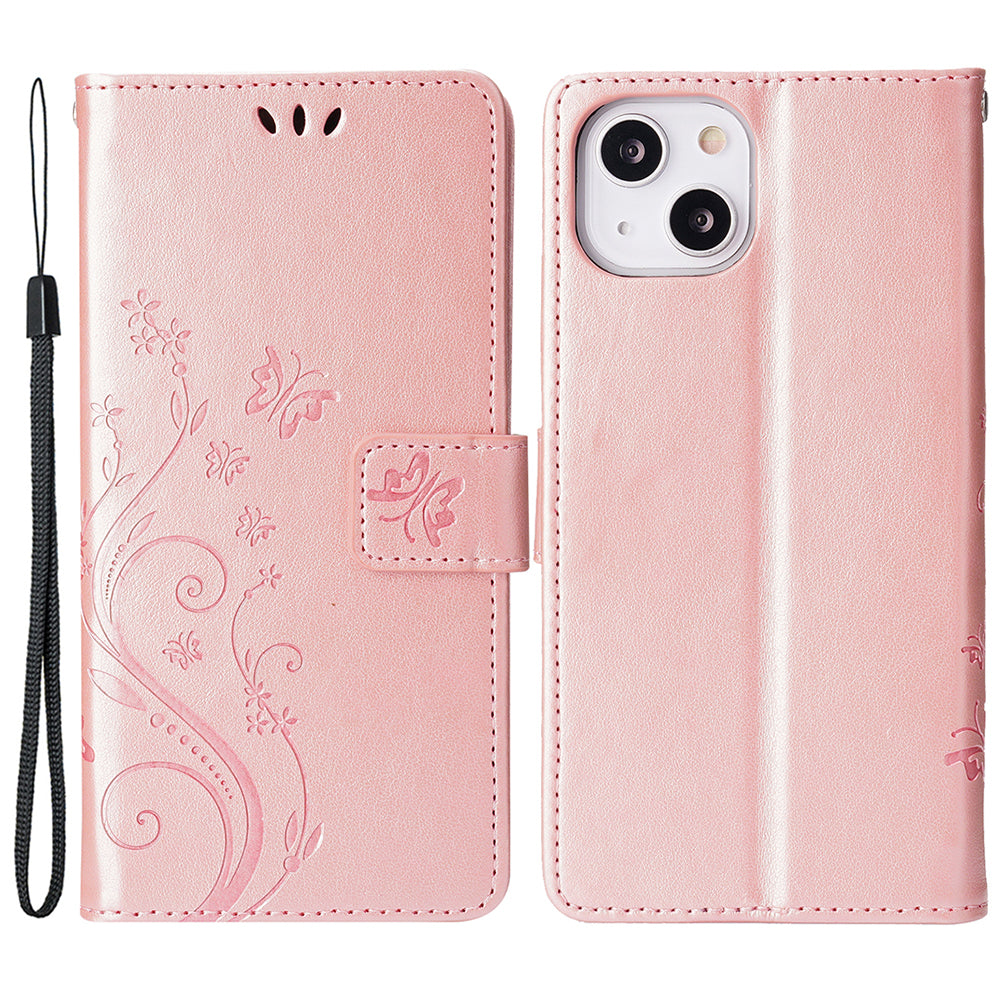 For iPhone 15 Plus PU Leather Wallet Cover Cell Phone Case Imprinted Butterflies Shell Stand with Strap