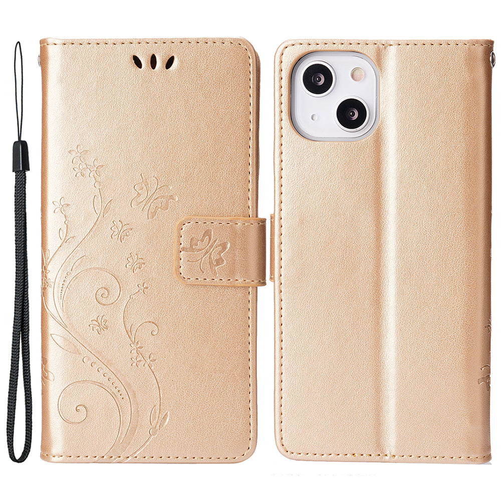 For iPhone 15 Plus PU Leather Wallet Cover Cell Phone Case Imprinted Butterflies Shell Stand with Strap