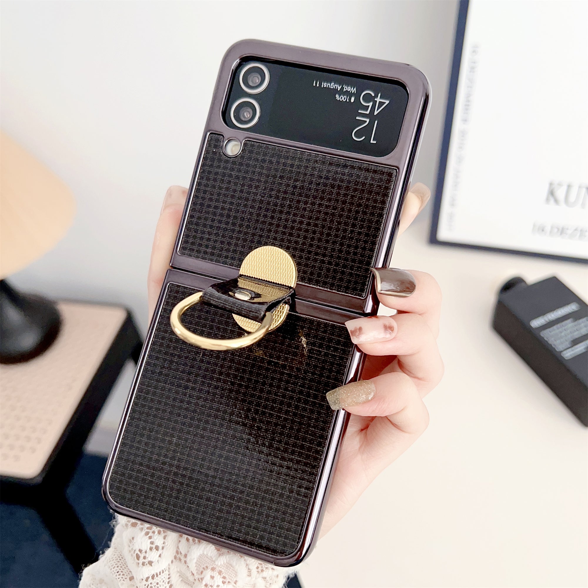 For Samsung Galaxy Z Flip4 5G Z Flip3 5G Ring Kickstand Phone Case Electroplating Leather Coated PC Cover