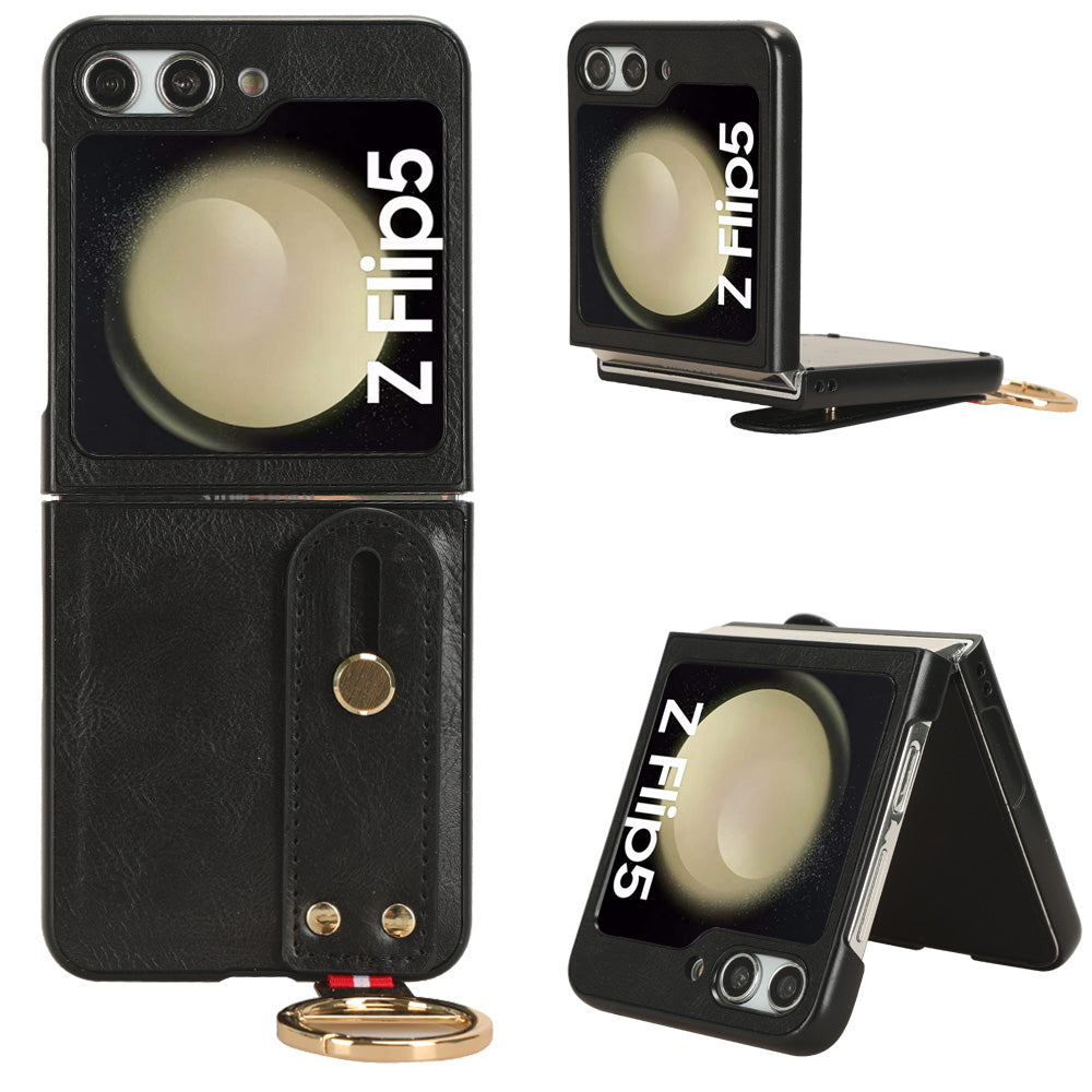 For Samsung Galaxy Z Flip5 5G Wristband Kickstand Phone Case PU Leather Coated PC TPU Cover with Bottle Opener
