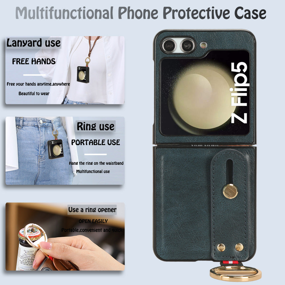 For Samsung Galaxy Z Flip5 5G Wristband Kickstand Phone Case PU Leather Coated PC TPU Cover with Bottle Opener