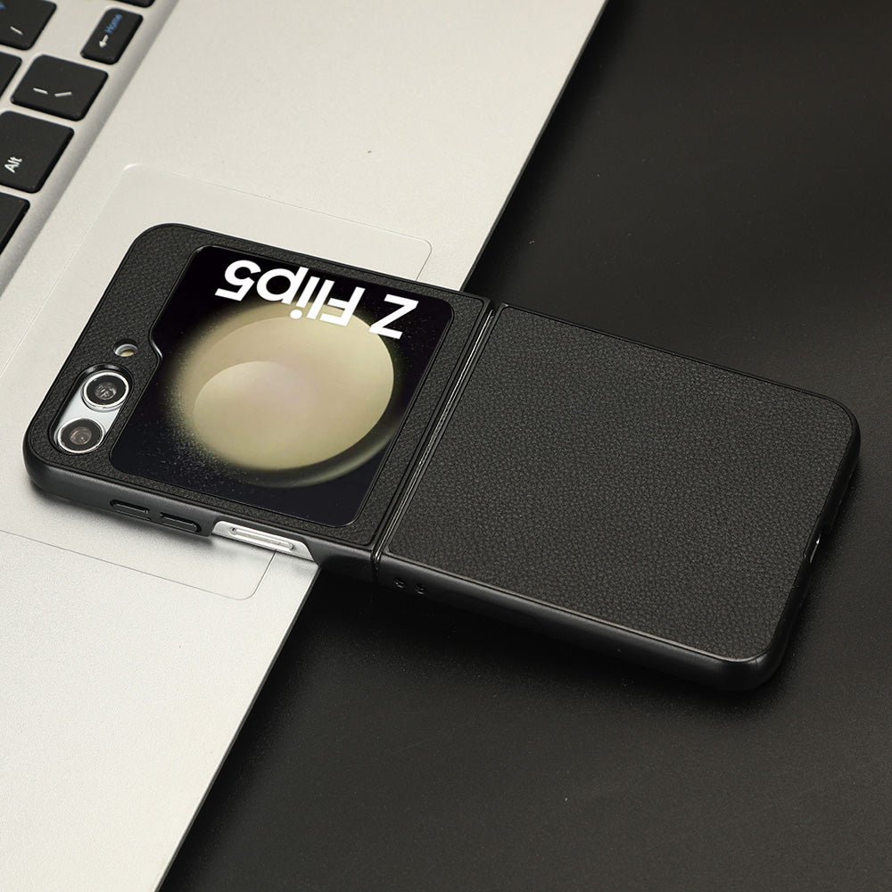 For Samsung Galaxy Z Flip5 5G PU Leather Coated PC Back Cover Large Litchi Texture Shockproof Phone Case