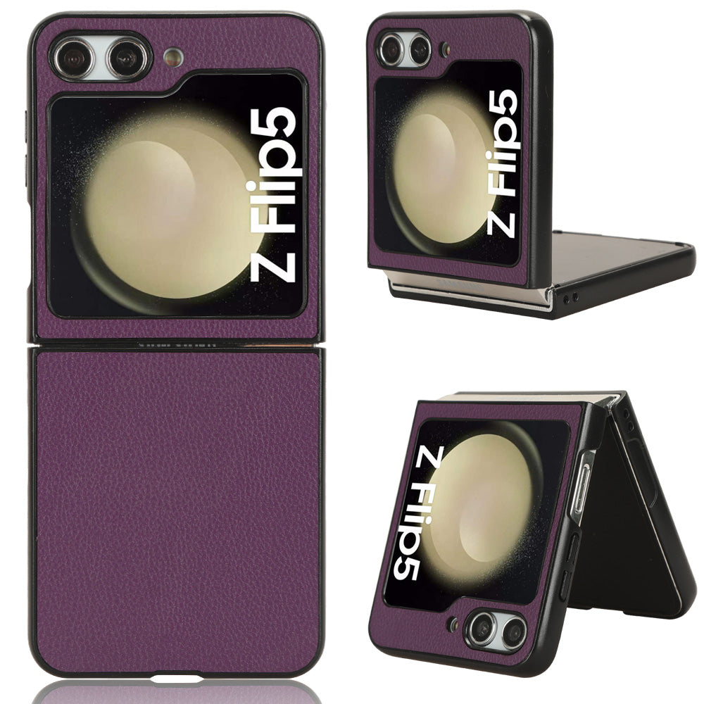 For Samsung Galaxy Z Flip5 5G PU Leather Coated PC Back Cover Large Litchi Texture Shockproof Phone Case