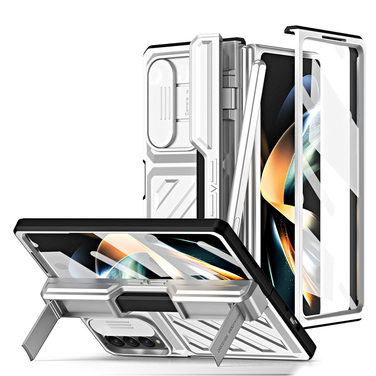 For Samsung Galaxy Z Fold4 5G Kickstand PC Phone Case Slide Camera Protection Dropproof Cover with Tempered Glass Film Stylus