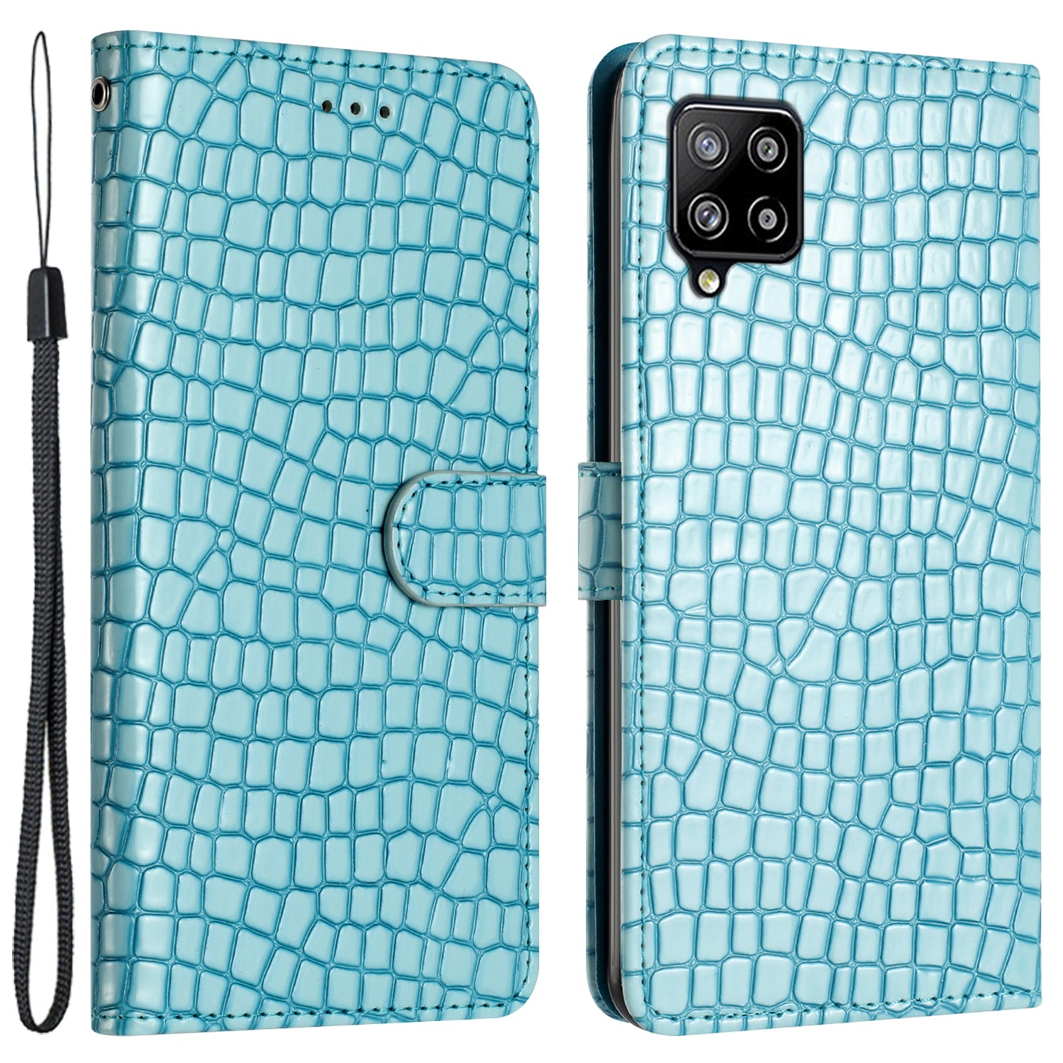 For Samsung Galaxy M32 (Global Version) 4G PU Leather Phone Stand Cover Wallet Crocodile Texture Anti-fall Case with Strap