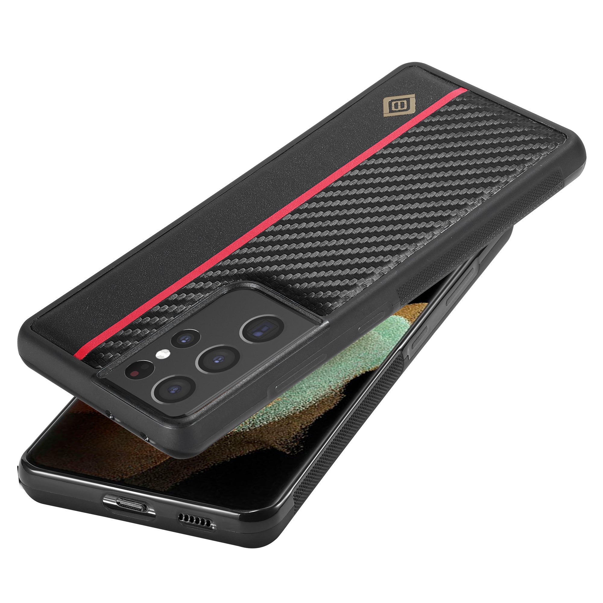 LC.IMEEKE pro Samsung Galaxy S21 Ultra 5G pouzdro na telefon tlumící nárazy PU kůže+TPU+EVA kryt s texturou z uhlíkových vláken
