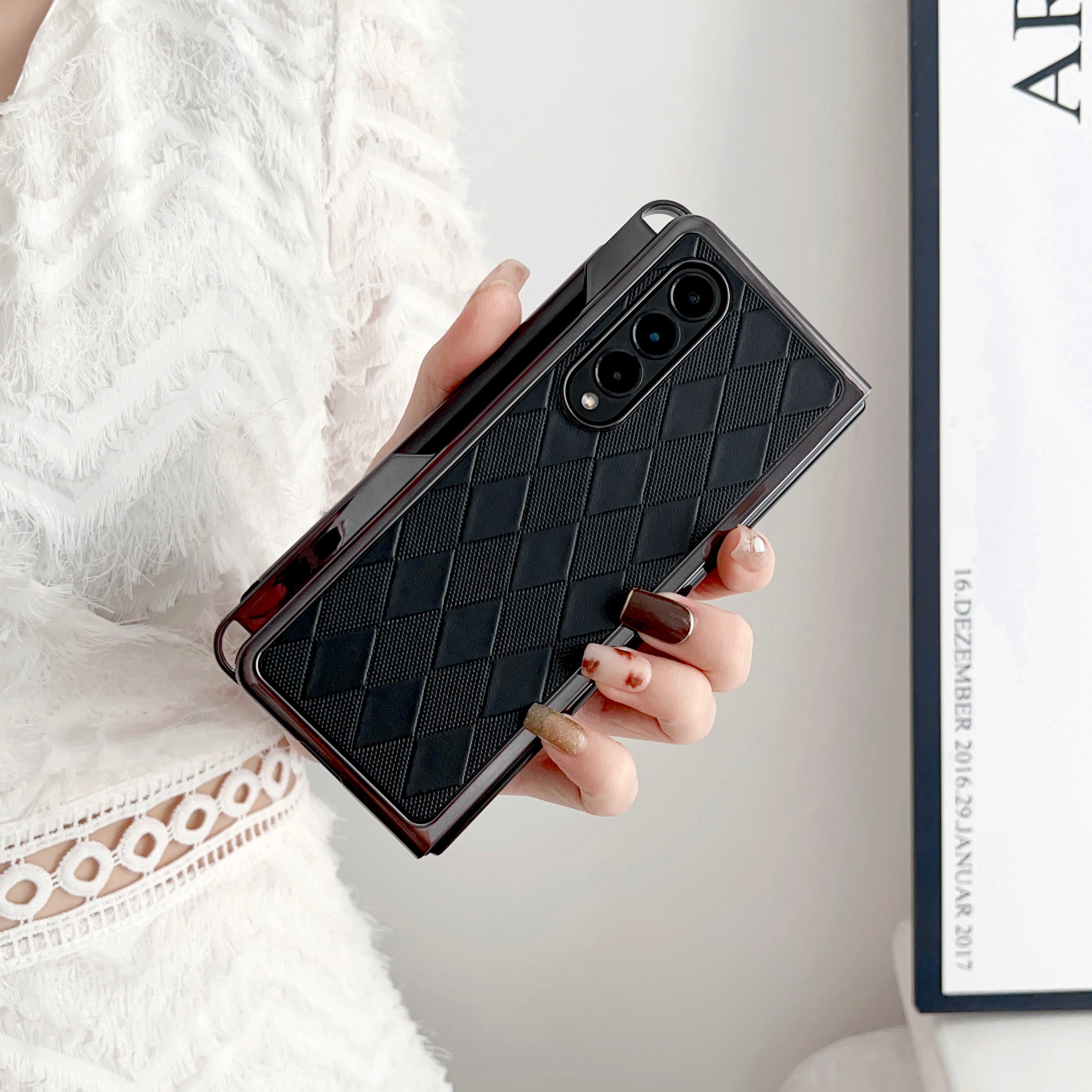 For Samsung Galaxy Z Fold3 5G Protective Cover Rhombus Pattern PU Leather PC Phone Case with Stylus Pen