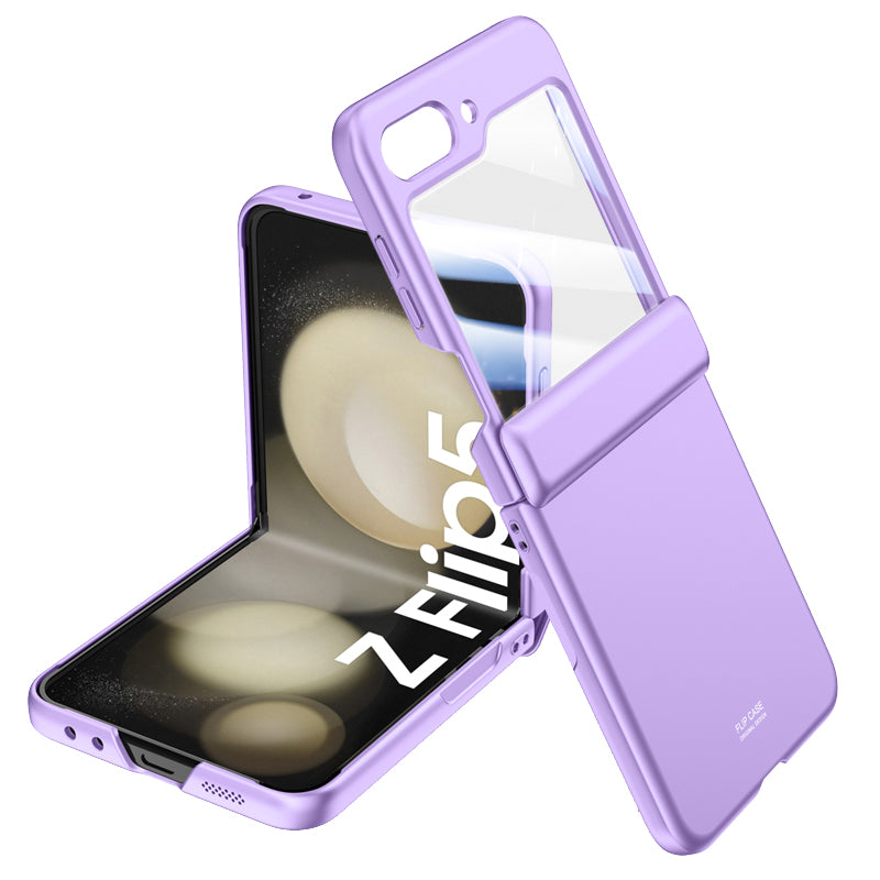 For Samsung Galaxy Z Flip5 5G Hard PC Phone Case Skin-touch Hinge Protection Cover with Tempered Glass Rear Screen Protector
