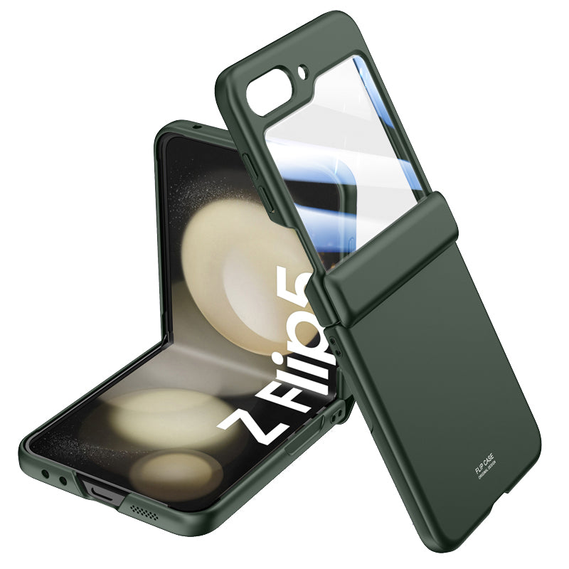 For Samsung Galaxy Z Flip5 5G Hard PC Phone Case Skin-touch Hinge Protection Cover with Tempered Glass Rear Screen Protector