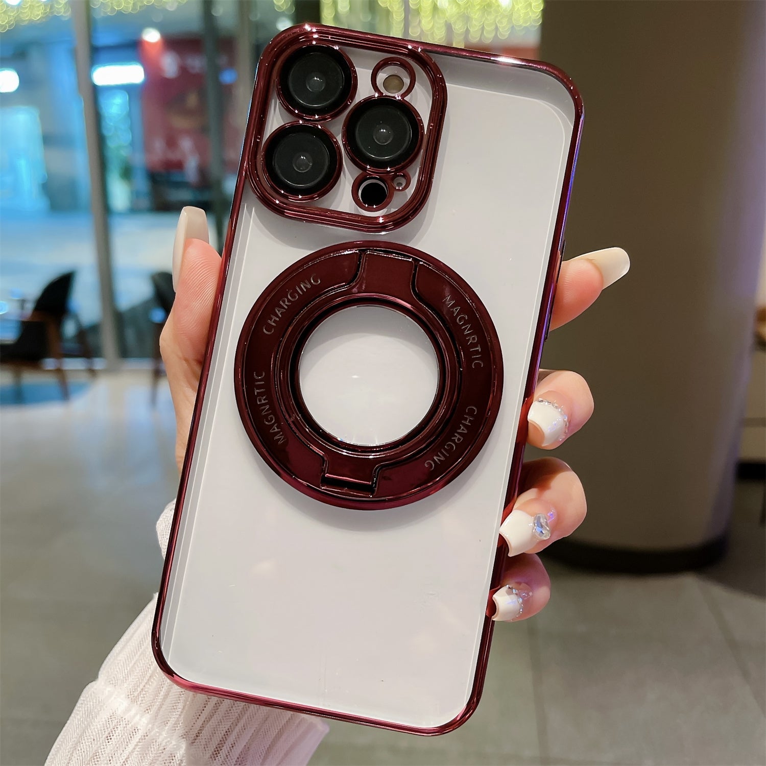 VOERO pro iPhone 14 Pro Max s galvanickým pokovováním průhledný kryt počítače kompatibilní s pouzdrem na telefon MagSafe Ring Kickstand s fólií na čočky