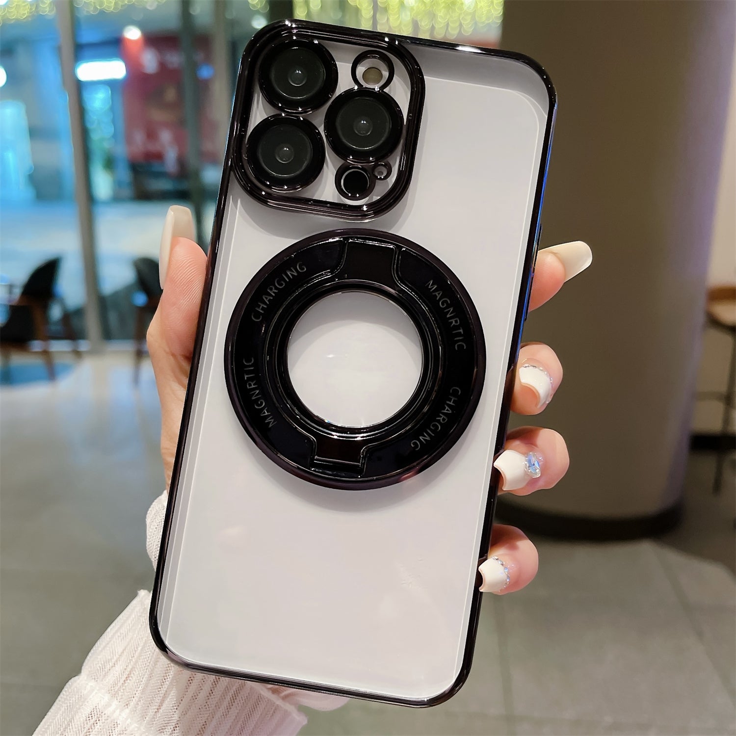 VOERO For iPhone 13 Pro Max 6.7 inch Ring Kickstand Phone Case with Lens Film Electroplating PC Cover Compatible with MagSafe