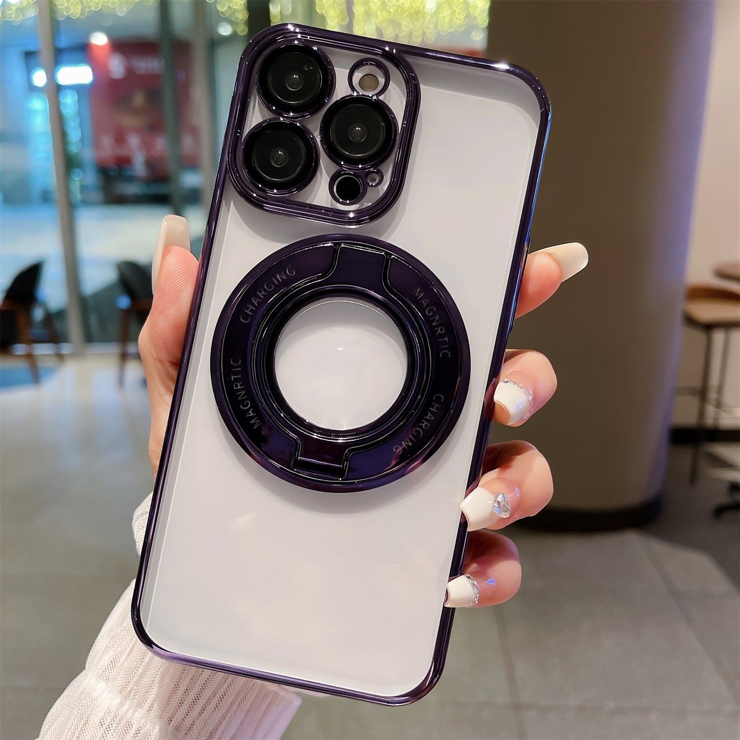 VOERO For iPhone 13 Pro Max 6.7 inch Ring Kickstand Phone Case with Lens Film Electroplating PC Cover Compatible with MagSafe
