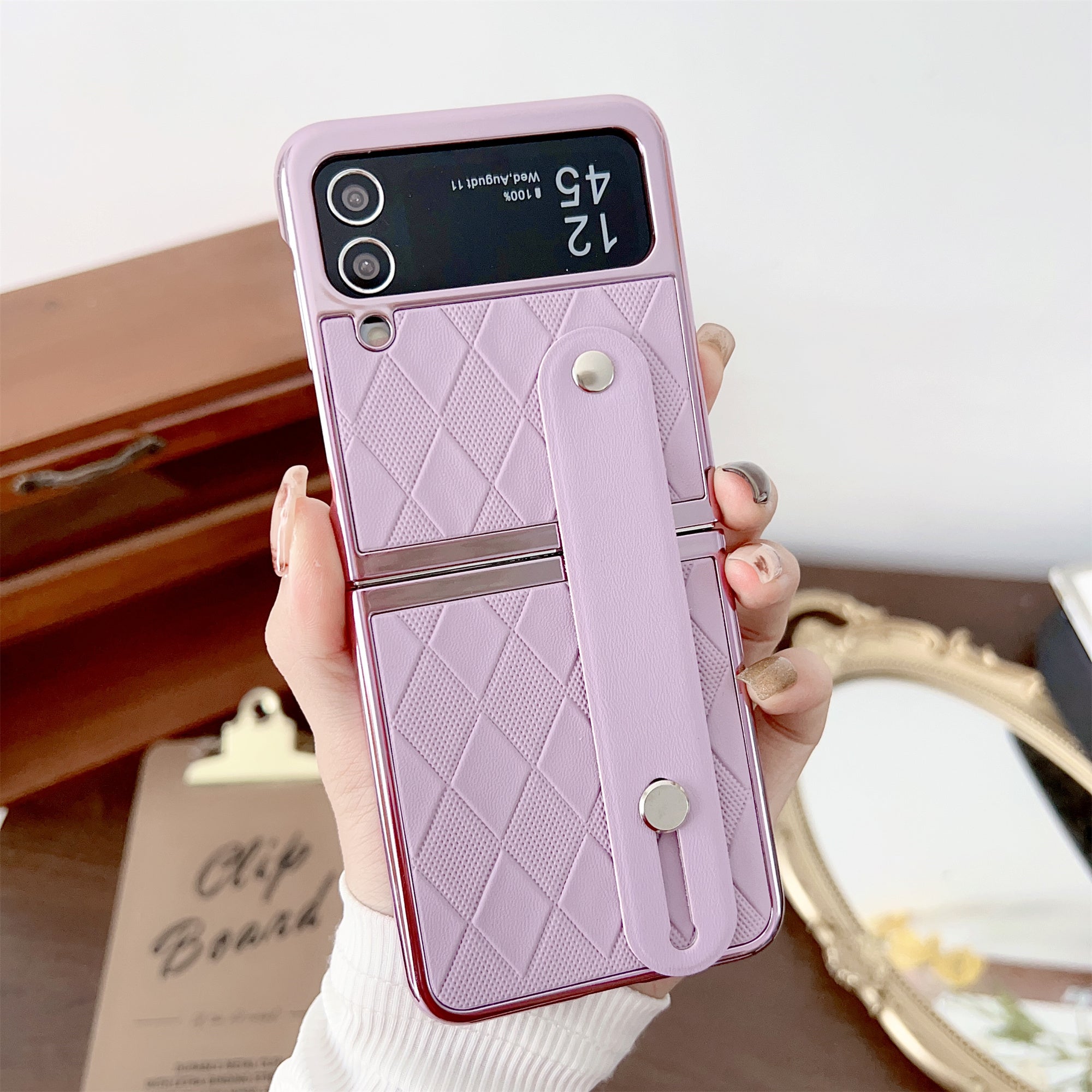 For Samsung Galaxy Z Flip4 5G Z Flip3 5G PU Leather PC Electroplating Case Wristband Kickstand Rhombus Pattern Phone Cover