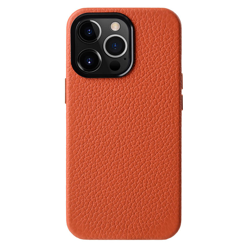 MELKCO For iPhone 14 Pro Metal Lens Frame Phone Case Genuine Cow Leather Microfiber Leather PC Phone Cover