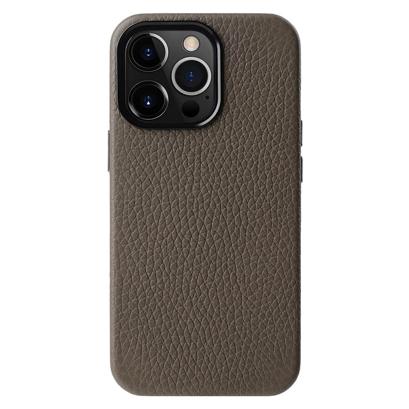 MELKCO For iPhone 14 Pro Metal Lens Frame Phone Case Genuine Cow Leather Microfiber Leather PC Phone Cover