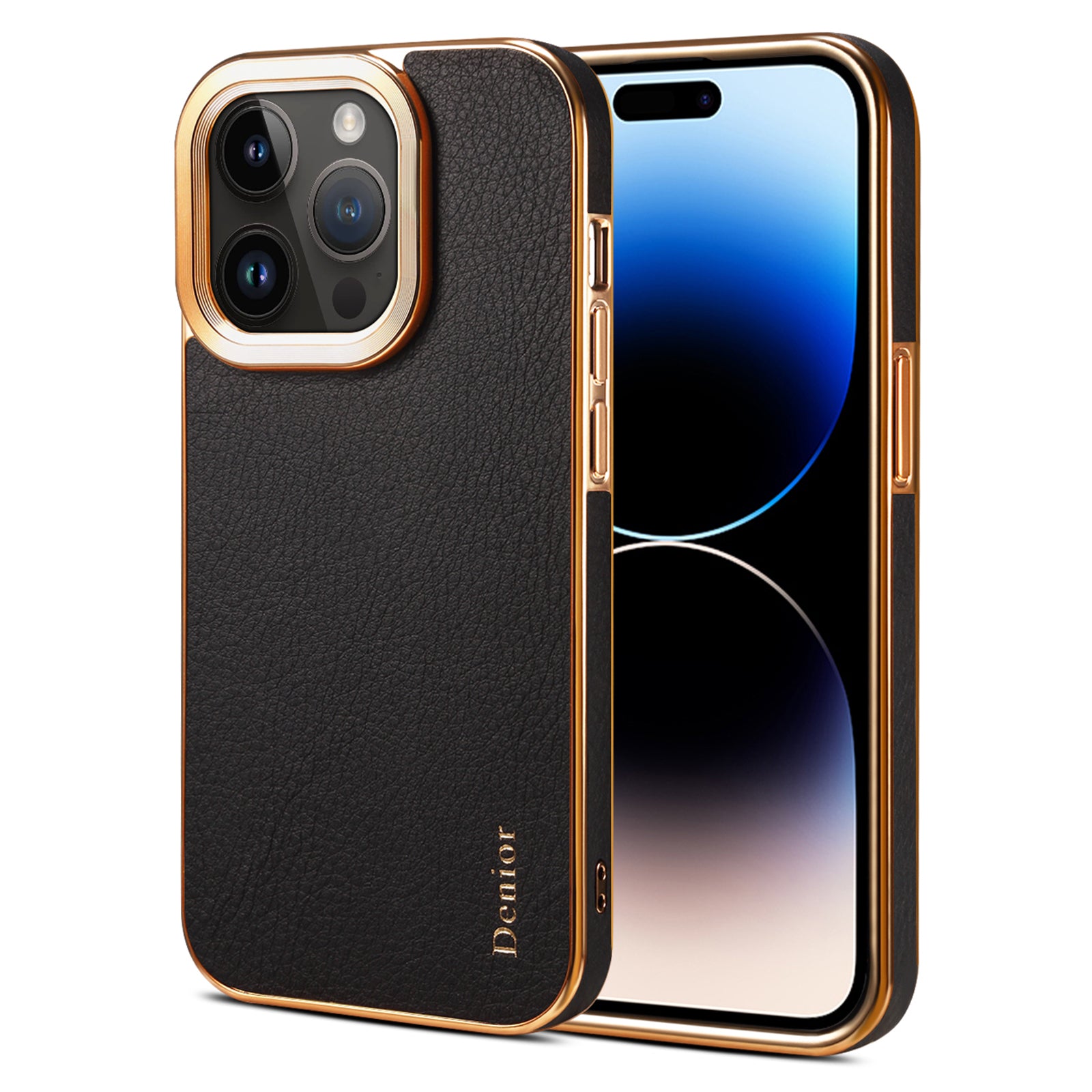 DENIOR Electroplating Phone Case for iPhone 14 Pro Max Genuine Cow Leather PC Drop Protection Cover