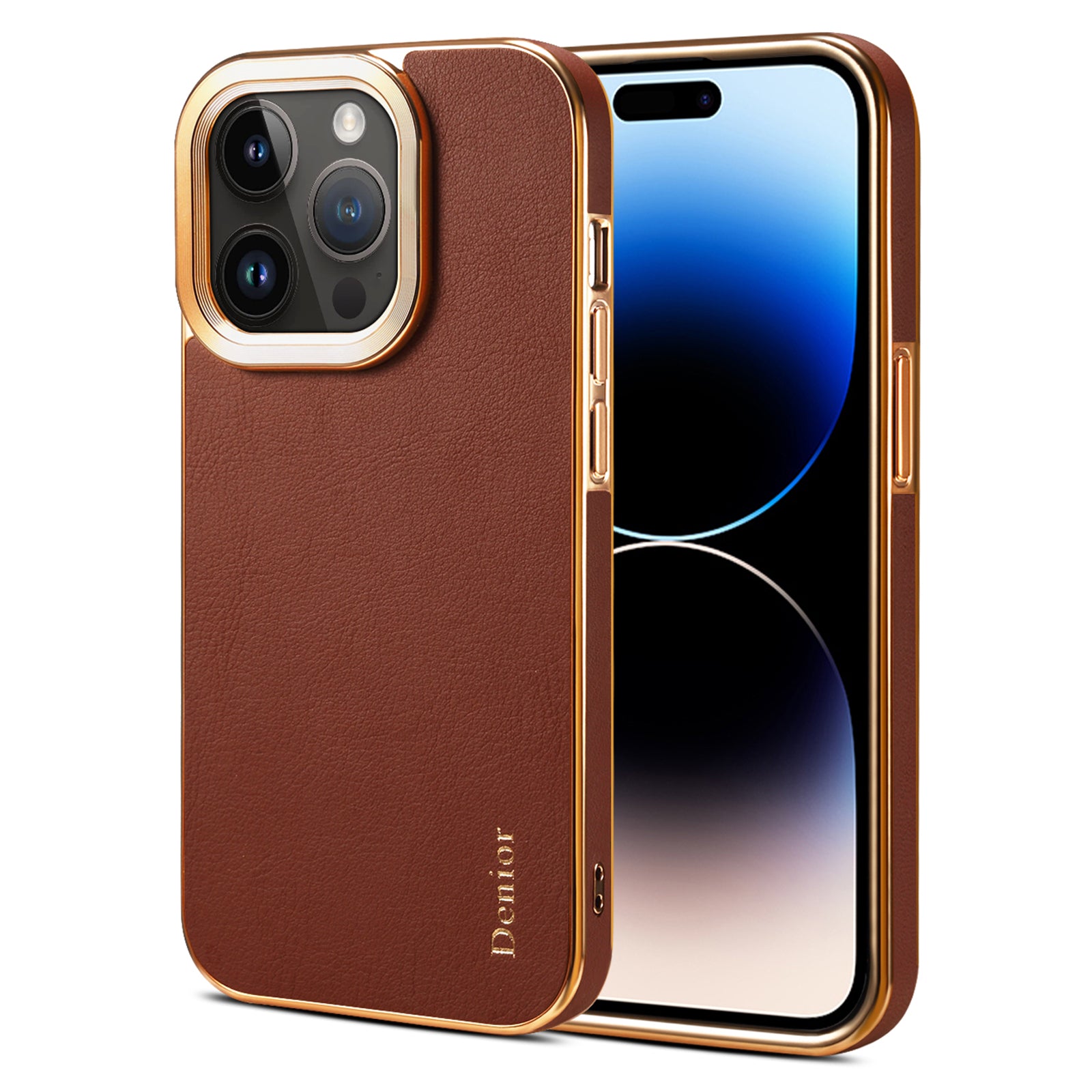 DENIOR For iPhone 14 Pro Genuine Cow Leather PC Phone Case Anti-Scratch Electroplating Cover