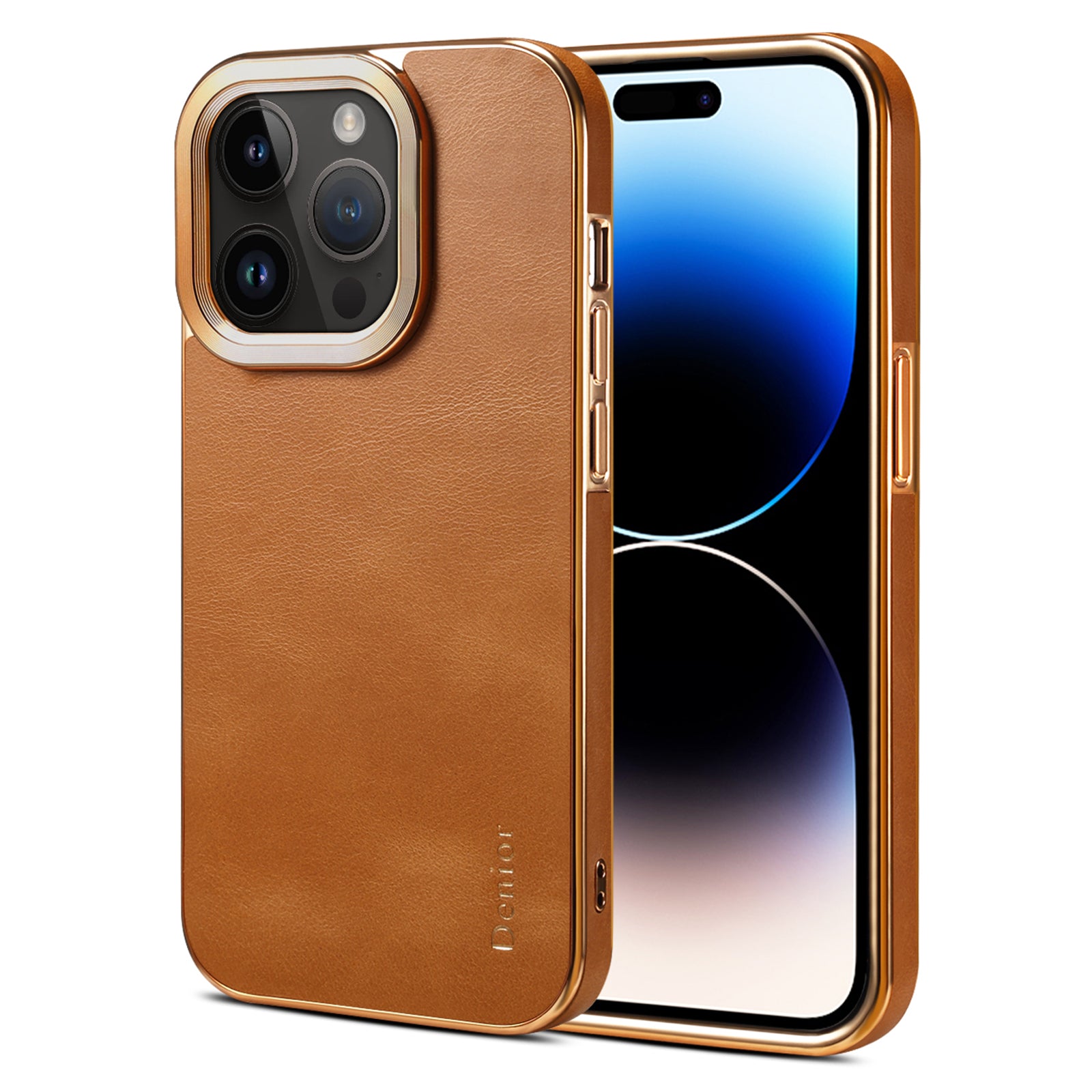 DENIOR For iPhone 14 Pro Genuine Cow Leather PC Phone Case Anti-Scratch Electroplating Cover