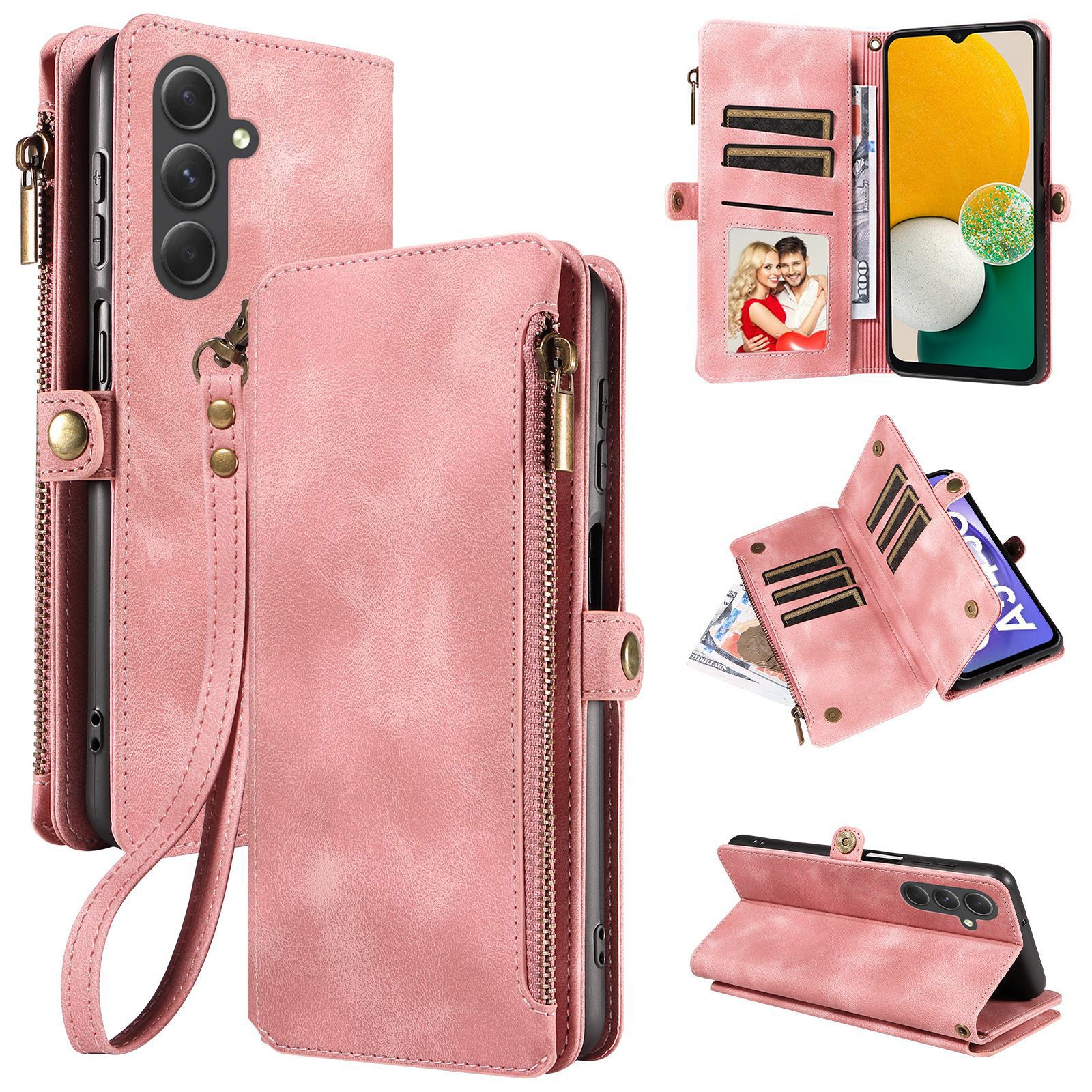 For Samsung Galaxy A13 5G A04s 4G (164.7 x 76.7 x 9.1 mm) Zipper Pocket Wallet Stand Leather Phone Case with Strap