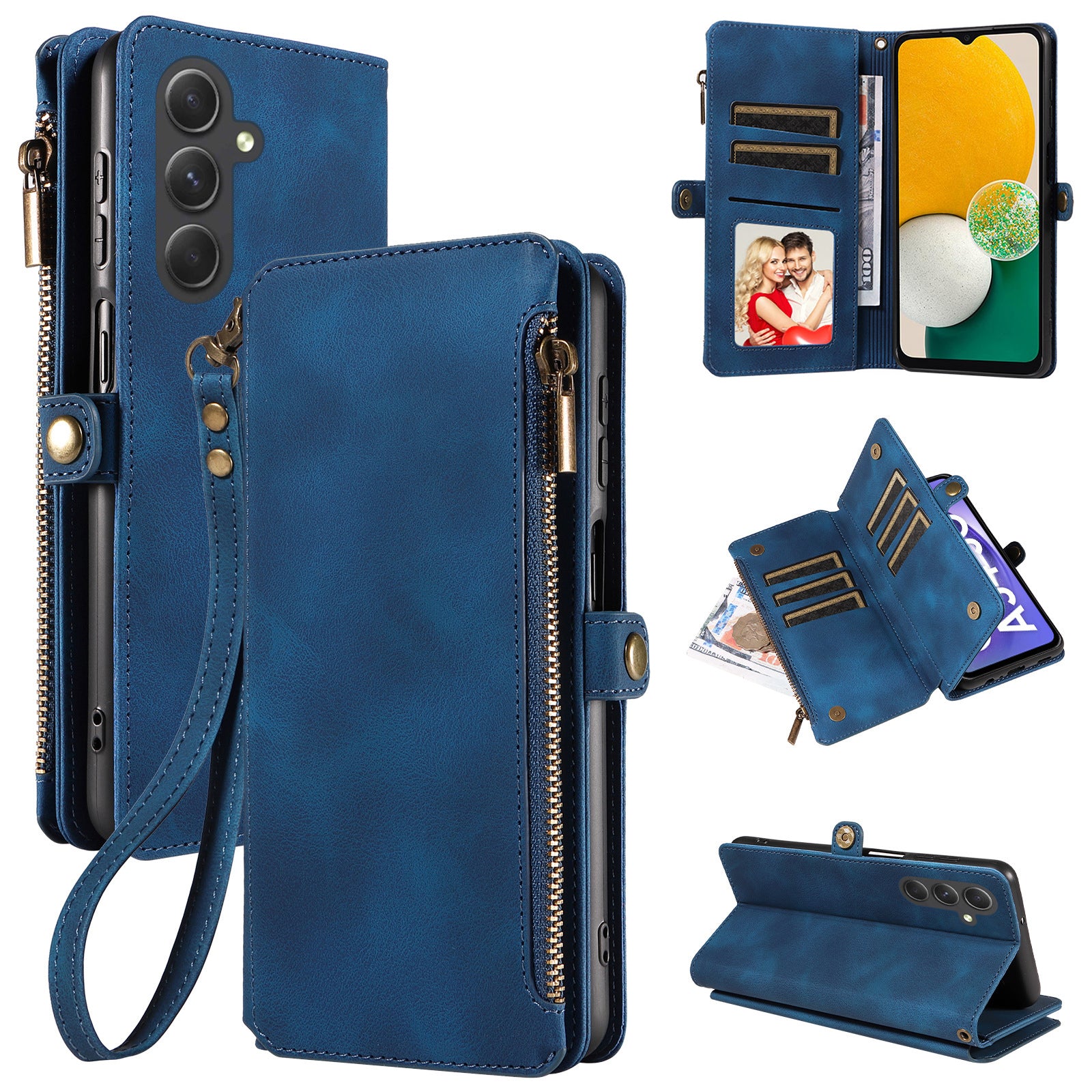 For Samsung Galaxy A13 5G A04s 4G (164.7 x 76.7 x 9.1 mm) Zipper Pocket Wallet Stand Leather Phone Case with Strap