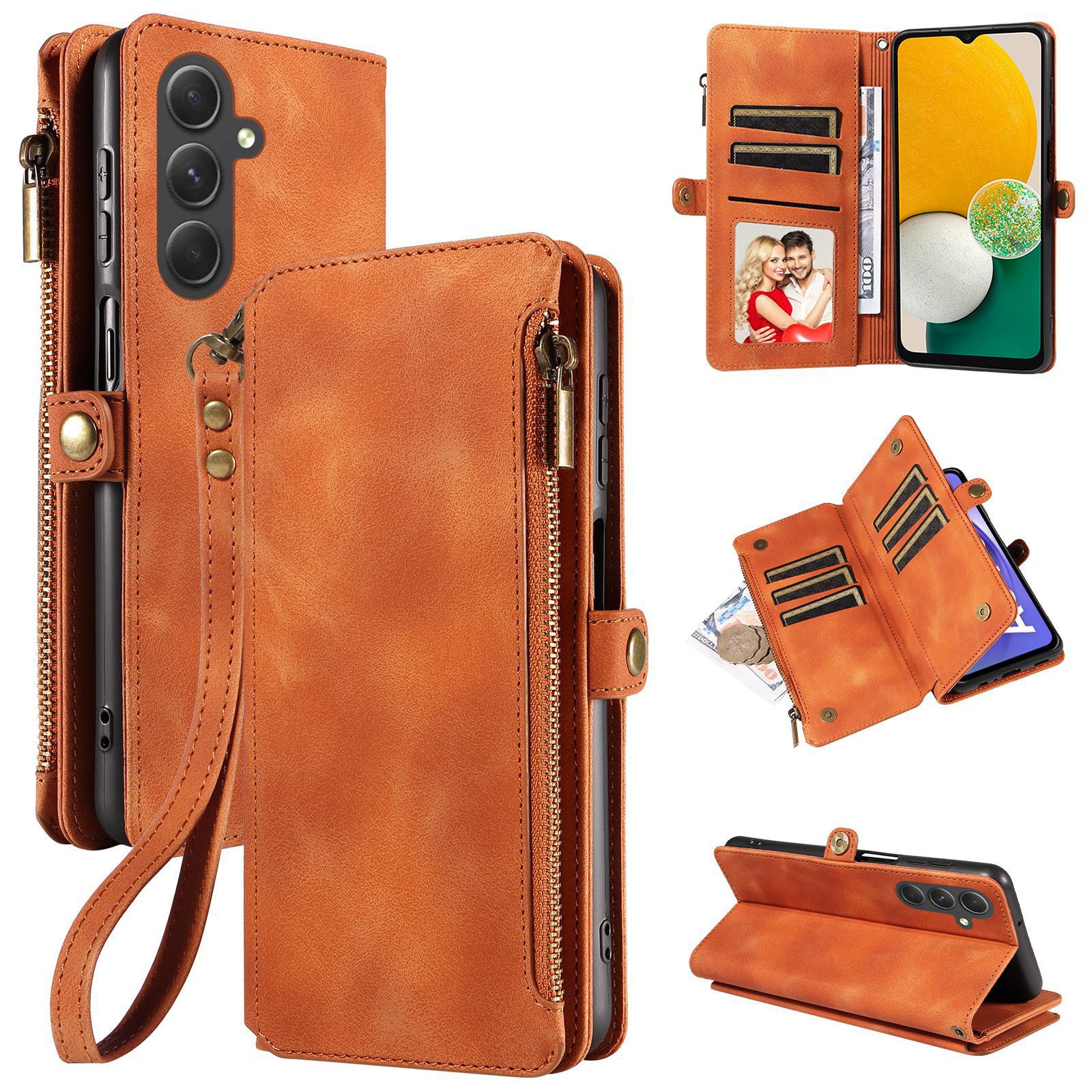 For Samsung Galaxy A13 5G A04s 4G (164.7 x 76.7 x 9.1 mm) Zipper Pocket Wallet Stand Leather Phone Case with Strap